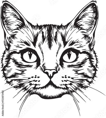 Detailed domestic cat head portrait with stripes, an expressive feline face illustration.