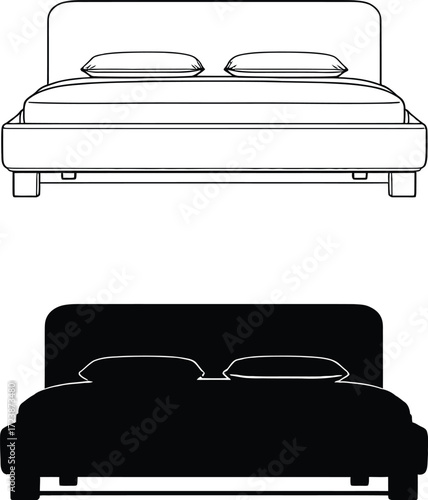 Bed Icon Set Vector Featuring Line Drawing and Silhouette of Headboard, Pillows, and Mattress in Black and White Style