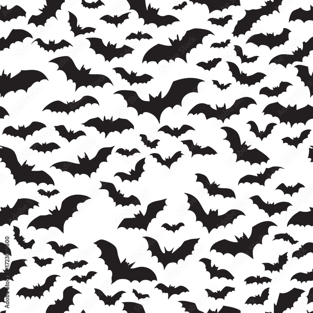 Obraz premium Black bats seamless pattern. Flying bat silhouettes background for Halloween and spooky decoration.