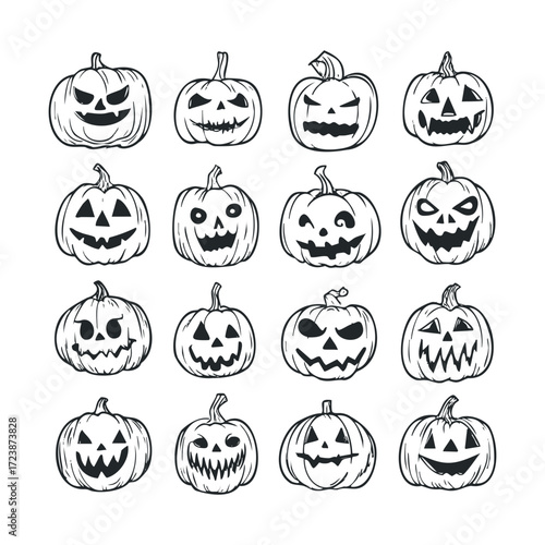 Sixteen different spooky, carved pumpkins in a group.