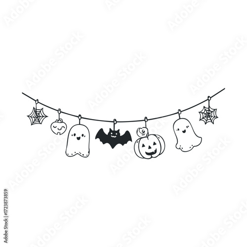 Line art garland with ghosts, pumpkins, bats, and webs.