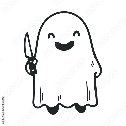 Simple doodle of a happy ghost holding a kitchen knife.