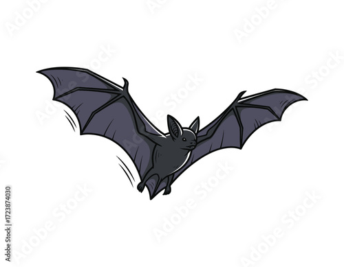 A detailed vector illustration of a nocturnal bat in mid-flight, showcasing its dark wings. Isolated wildlife creature perfect for fantasy or spooky Halloween themed designs
