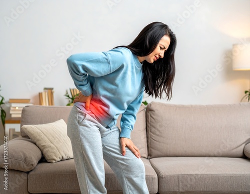 Woman in pain, leaning on couch