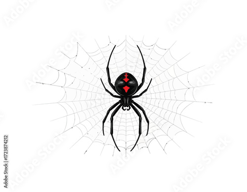 Vector graphic of a dangerous black widow spider showing its iconic red hourglass marking, poised on a circular spiderweb. Isolated design element