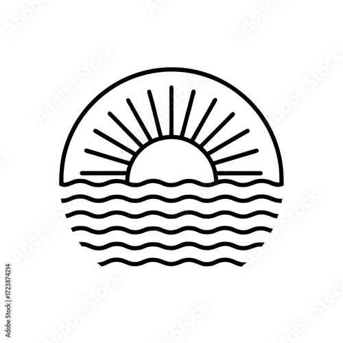 Stylized sun rising over wavy water outline on transparent background