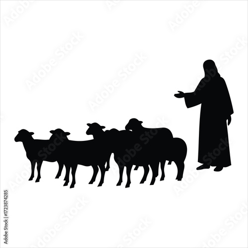 Silhouette of jesus christ as a shepherd guiding a flock of sheep in a divine pastoral scene