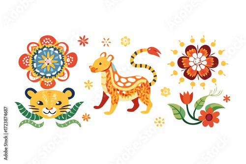 Traditional chinese horoscope with flowers. Chinese new year animals set, tiger and snake, dragon and pig vector mascot drawings with flora patterns.The Dragon zodiac of Traditional chinese horoscope 