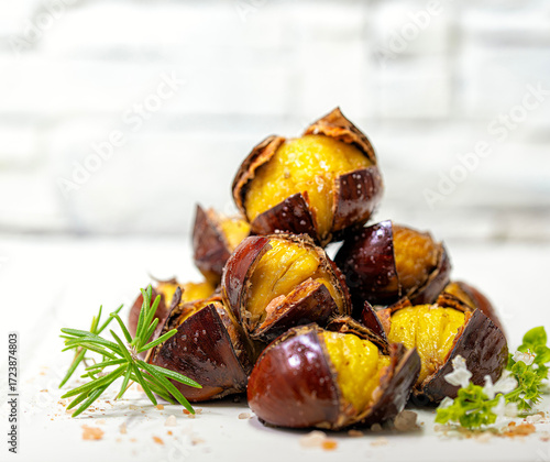 Roasted chestnuts in olive oil and pink salt. An autumn delicacy. White background.