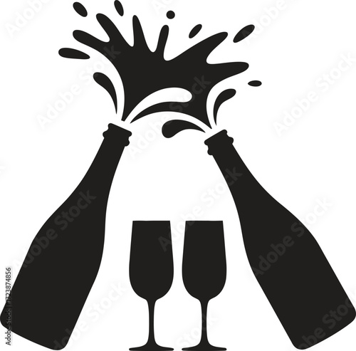 Two champagne bottles spraying celebratory liquid over champagne flutes