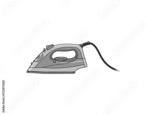 Monochromatic vector illustration of a modern electric steam iron. Household appliance for laundry, pressing clothes, and domestic chores isolated on white