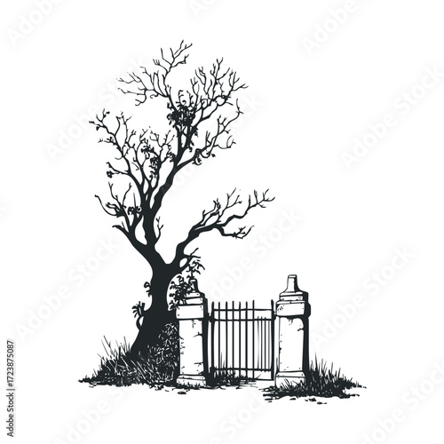 Sketch of a spooky, bare tree next to a closed gate.
