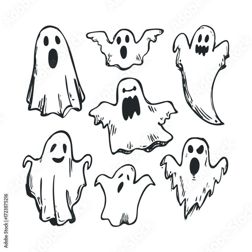 Group of seven hand-drawn Halloween ghost figures.