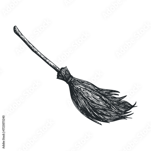 Engraved-style line sketch of a witch's broomstick.