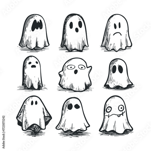 Group of nine hand-drawn ghosts with various expressions.