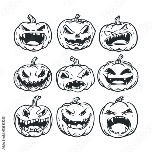 Nine hand-drawn, screaming gourds with frightening faces.