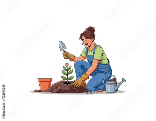 Enthusiastic Gardener Planting New Flower in Garden, Smiling and Caring for Growth and Future Blooms with Gardening Tools