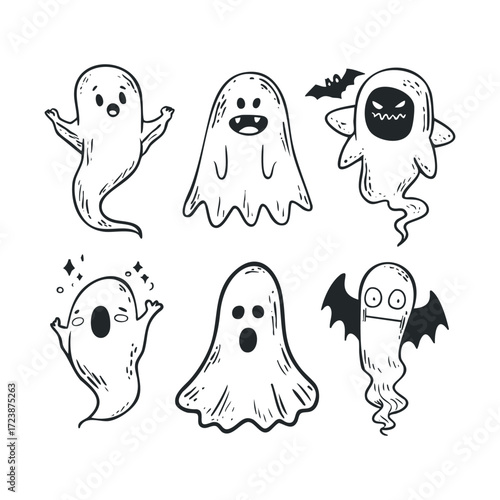 Six expressive and spooky ghost characters hand-drawn.