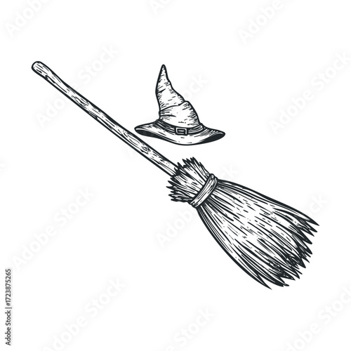 Ink drawing of a classic witch's hat and broom.