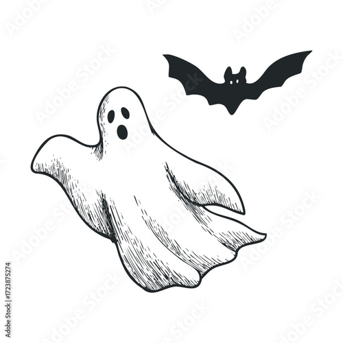 Hand-drawn spooky sheet ghost flying near a bat silhouette.