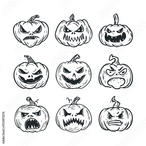 Nine hand-drawn, angry gourds with carved, evil faces.