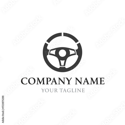A black and white logo featuring a stylized steering wheel, with placeholder text 'COMPANY NAME' and 'YOUR TAGLINE' below it, on a white background.