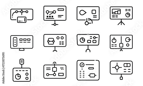 Business Line Icons Collection – Finance, Communication, Analytics, Growth, Partnership, Planning, Certification, Money Investment, and Office Management Vector Set