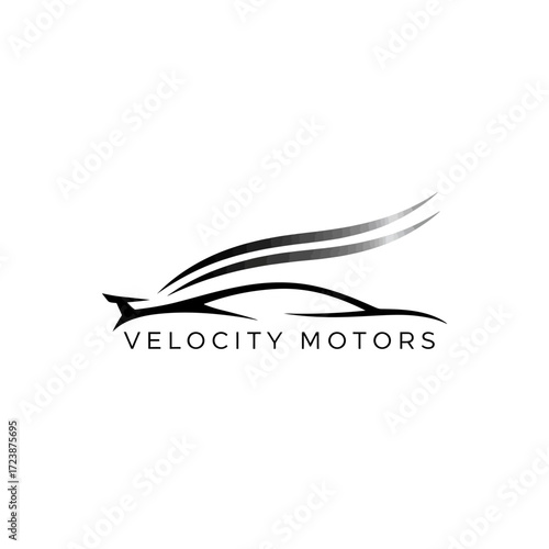 Minimalist black and white logo for Velocity Motors, featuring a stylized car silhouette with abstract speed lines resembling wings.