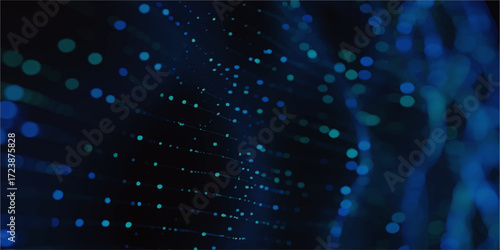 Abstract futuristic fiber optics background with glowing blue and green light spots, representing digital data and technology motion.