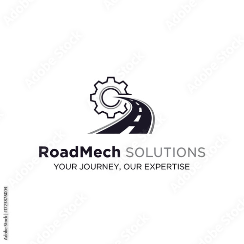 RoadMech Solutions logo featuring a gear, road, and text, representing expertise in transport.
