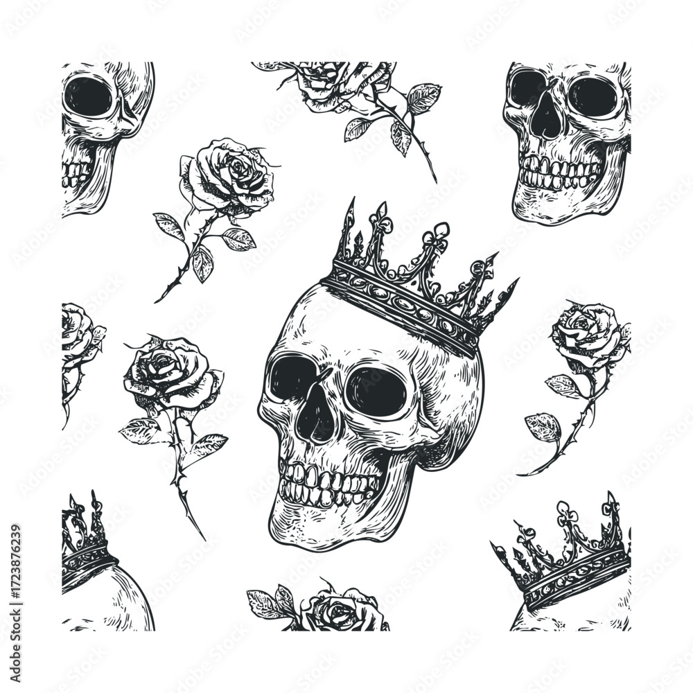 Fototapeta premium Close-up grid of skulls wearing crowns and roses.