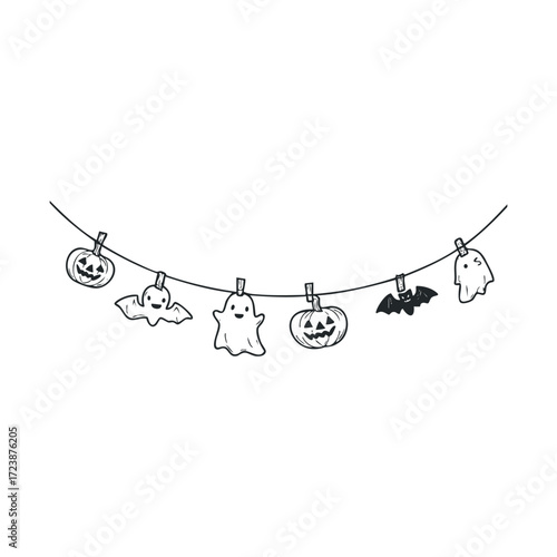 Outline drawing of a festive garland with spooky decorations.