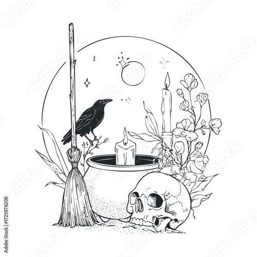 Hand-drawn occult image with a skull, crow, and cauldron.