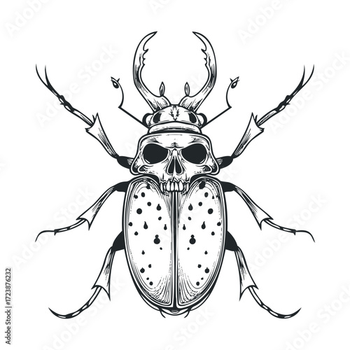 Ink drawing of a beetle with a spooky skull on its head.