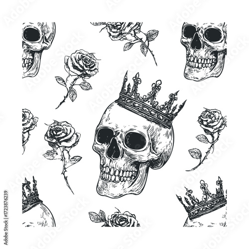 Close-up grid of skulls wearing crowns and roses.