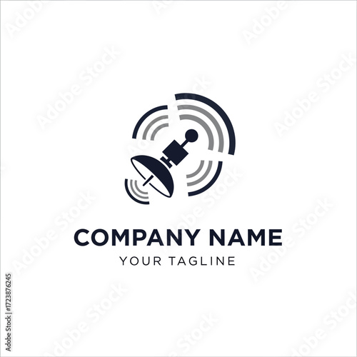 A modern logo featuring a satellite dish with radiating signal waves, symbolizing communication and technology, placed above company name and tagline.