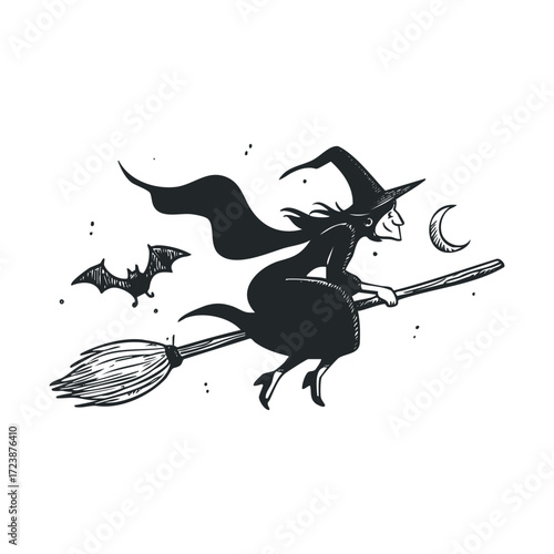 Drawing of a witch flying on a broomstick with a bat and moon.