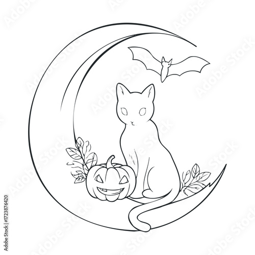 Outline of a cat sitting on a crescent moon with a pumpkin.