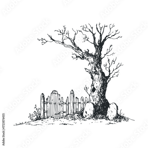 Drawing of a twisted bare tree next to a fence and tombstones.