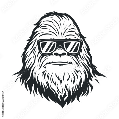 Black and white drawing of a hairy ape-like face in sunglasses.