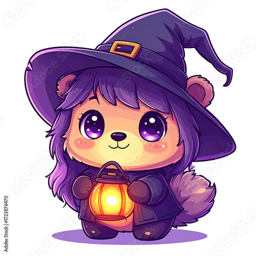 Cute bear character dressed as a witch holding a lantern in a whimsical design style