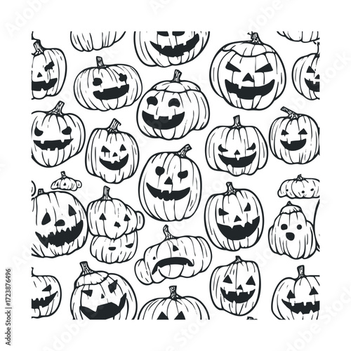 Black and white seamless background of carved pumpkins.