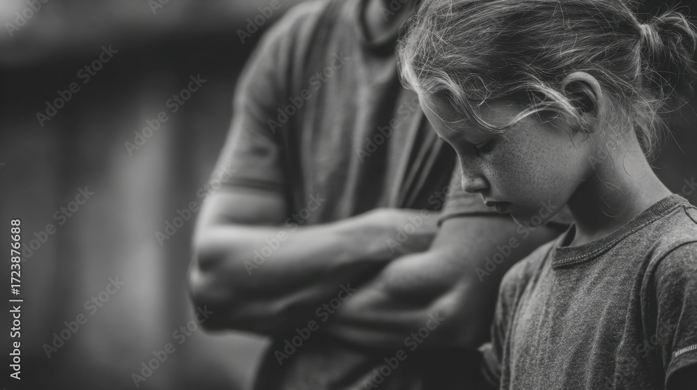 Obraz premium Somber child standing beside adult with arms crossed, expressing emotion in thoughtful black and white photography, conveying feelings of sadness and introspection.