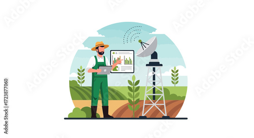 Illustration of a smart farmer using technology to analyze farm data and satellite communication