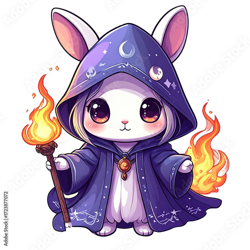 Cute magical bunny character wearing a wizard robe and holding a torch with flames, featuring a starry background and whimsical elements