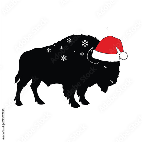 Festive buffalo silhouette wearing santa hat with snowflakes for holiday season celebrations