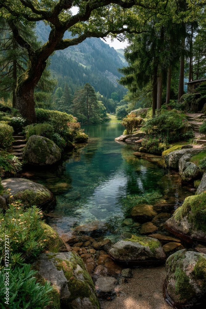 Naklejka premium Serene Forest Brook Framed by Lush Greenery in a Scenic Mountain Landscape