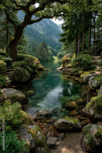 Serene Forest Brook Framed by Lush Greenery in a Scenic Mountain Landscape