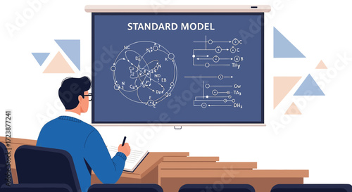 Illustration of a student learning about the standard model of particle physics in a classroom