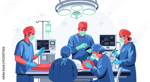 Illustration of a surgical team performing an operation in an operating room environment within a